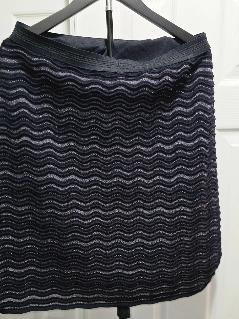 Tory Burch Navy Wave-Texture A-Line Midi Skirt